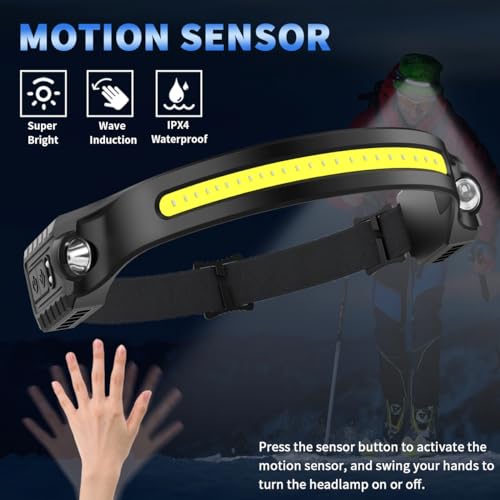Headlamp Rechargeable 5Pack, 230° Wide Beam Head Lamp with 2 Spotlights, LED Headlamp with Motion Sensor, 5Mode Rechargeab...
