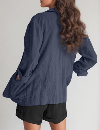 Women's Lightweight Business Blazer Casual Cotton Long Sleeve Button Jacket Loose Fit Work Office Suit with Pockets