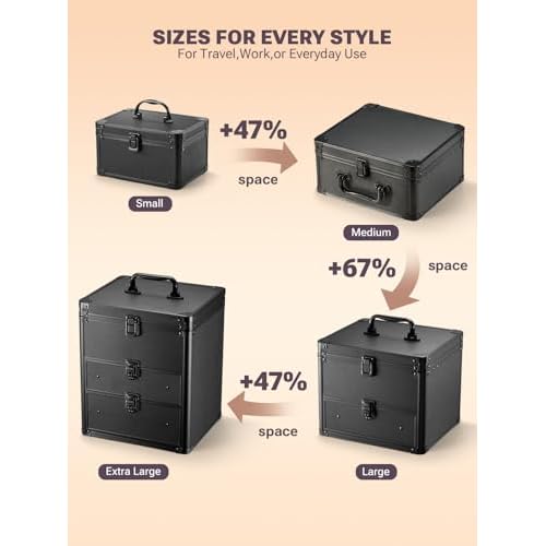 Qislee Makeup Box with Double Drawers and A Detachable Lighted Mirror, Waterproof Travel Train Case, Cosmetic Organizer and Makeup Suitcase with Adjustable Dividers, Magnetic LED Mirror (Black)