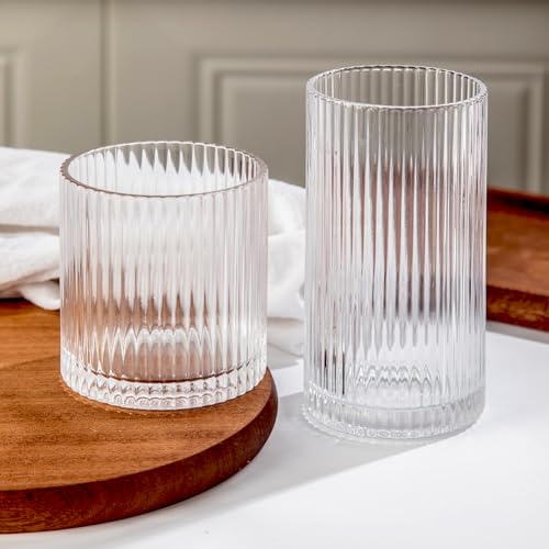 Lumkit Ribbed Drinking Glasses 8pcs, 12oz and 10oz Glassware, Tumbler Glasses Cup Set for Wedding, Party, Christmas Gift, ...
