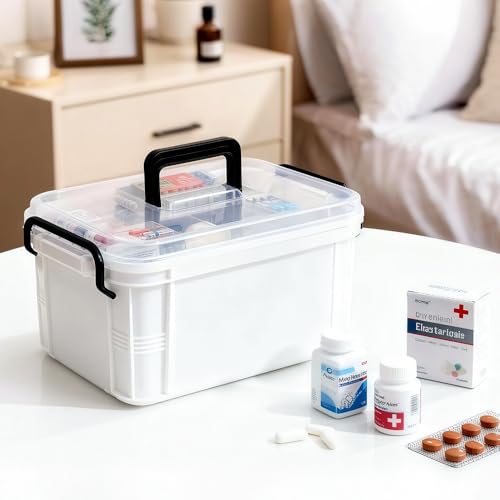 HEY FOLY 15qt White Medicine Organizer Storage Box with Tray, Plastic First Aid Box Empty, Thickened Medicine Container Ch...