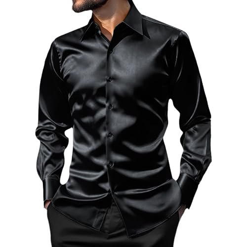 AOTORR Men's Luxury Shiny Silk Like Satin Button Up Dress Shirts Slim Fit Long Sleeve Nightclub Party Disco Prom Shirts