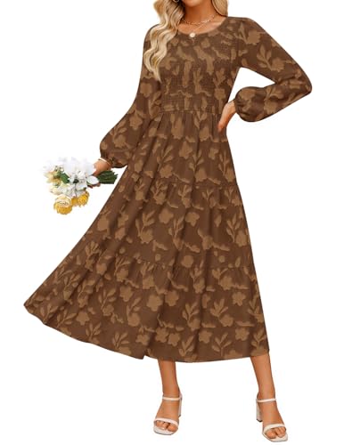 ZESICA Women's Fall Boho Floral Midi Dress 2026 Casual Long Sleeve Crewneck Flowy Wedding Guest Long Dresses