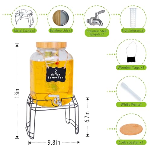 Roemey 2 Gallon Glass Drink Dispenser with Stand,Stainless Steel Leakproof Spigot &Bamboo Lid& Labels& Fruit Infuse, Large...