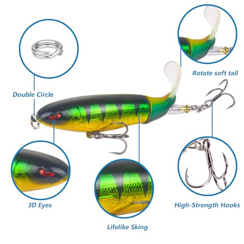 RTGSE 10Pcs Whopper Fishing Lure for Bass Popper Top Water Fishing Lures with Floating Rotating Tail Barb Treble Hooks in ...