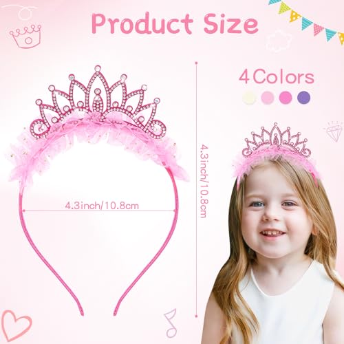 OAOLEER 4 PCS Princess Crown Headbands for Girls, Rhinestone Tulle Hairbands for Girls Toddler Tiara Crown Hair Accessorie...