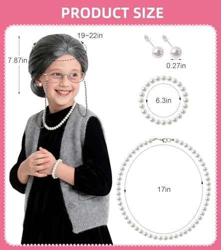 EVAFESNS 100 Days of School Old Lady Grandma Costume Accessories Set with Wig, Glasses, Cane & Faux Pearl Set