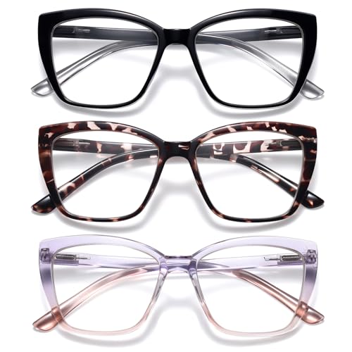 ORANZI Reading Glasses Women, 3 pack Fashion Oversized Blue Light Readers Women, Spring Hinge Cat Eye Glasses Anti Eyestrain