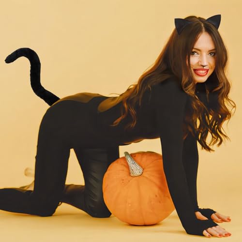 GAFATORY Black Cat Costume with Tail And Bell Collar Set Cat Ears for Women Cat Ears Costume for Halloween Cosplay Party