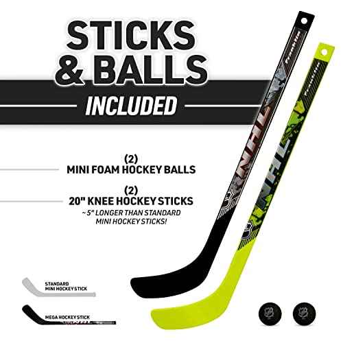Franklin Sports Mini Hockey Goal Set - Indoor Knee Hockey Goal + (2) Shinny Hockey Sticks - (2) Mini Foam Hockey Balls + Pop Out Shooting Targets - All Star, Yellow, 32" X 21" X 12"