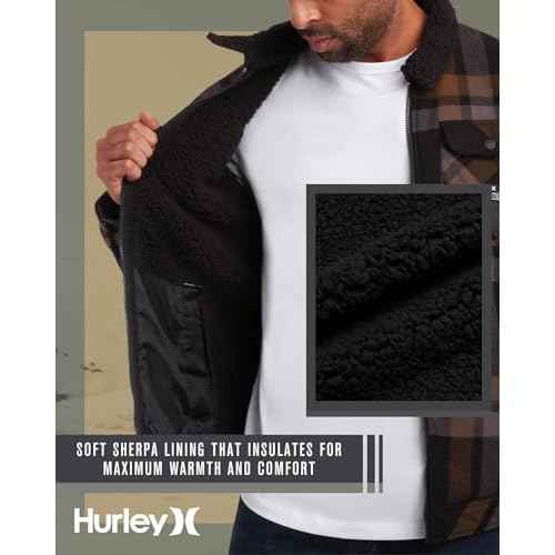 Hurley Mens Flannel Jacket - Soft Fleece Plaid Sherpa Lined Flannel Trucker Jacket - Warm Winter Jackets for Men