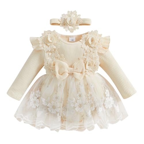 Baby Girl Romper Dress Baby Dress Romper Lace Flowers Infant Fall Winter Festival Clothes with Headband