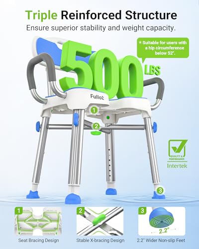 Ergonomic H-Shaped Shower Chair for Elderly and Disabled with Padded Back & Arms,500 lbs Heavy Duty Adjustable Shower Stoo...