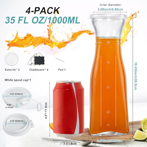 Ritayedet Glass Carafe, 1 Liter Carafe for Mimosa Bar, 4 Pcs, Square Pitcher with Lid and Spout, Drink Dispenser for Parti...