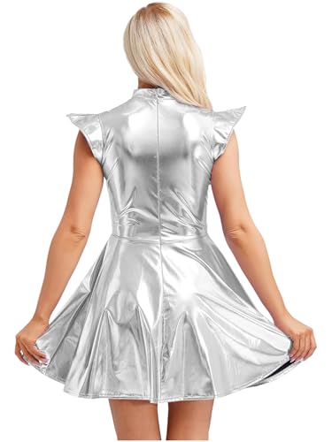 Alvivi Women Shiny Metallic Dress Holographic High Waisted Flare Skater Dress Carnival Party Outfit