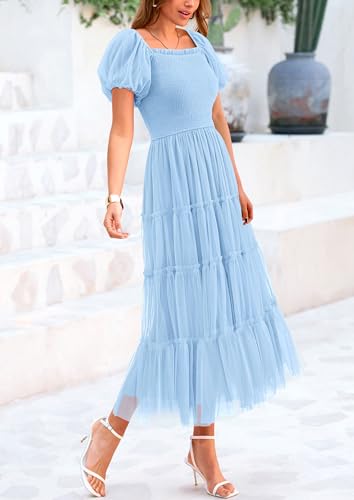 PRETTYGARDEN Women's Smocked Midi Tulle Dress 2026 Summer Puffy Short Sleeve Square Neck Ruffle Wedding Guest Party Dresses