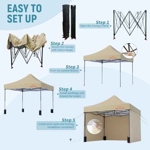 Benass 10x10 Pop Up Canopy Tent with 8 Reinforced Steel Wire Ropes, Heavy Duty Instant Canopies with 3 Removable Sidewall...