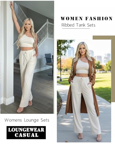 Ekouaer Womens 4 Piece Lounge Sets Ribbed Knit Crop Tank Top and Shorts Pants Casual Outfits