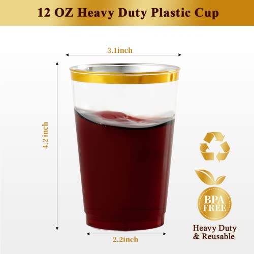 Vplus 150 Pack 12 OZ Reusable Gold Rimmed Clear Plastic Cups, Disposable Heavy Duty Plastic Cups Perfect for Party Christm...