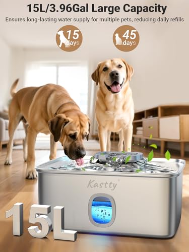 Kastty 4 Gal Dog Water Fountain for Large Dogs,15L Stainless Steel Dog Water Bowl Dispenser Triple Filtration,Ultra Quiet ...
