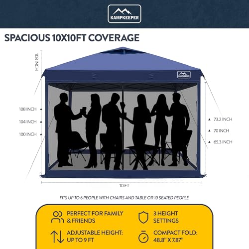 KAMPKEEPER 10x10 Pop-Up Canopy Tent, Waterproof Portable Shade with Screen Walls, Adjustable Instant Outdoor Shelter for C...