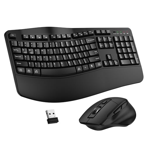 Wireless Keyboard and Mouse Combo, 2.4G Full Size Wave Keys Ergonomic Keyboard with Wrist Rest and 3-Level DPI Adjustable ...