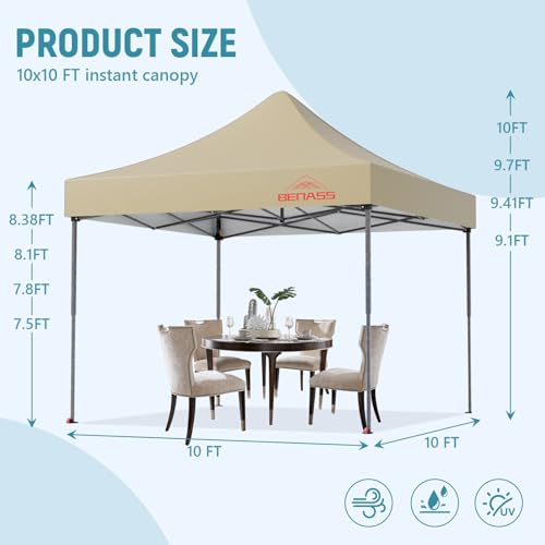Benass 10x10 Pop Up Canopy Tent with 8 Reinforced Steel Wire Ropes, Heavy Duty Instant Canopies with 3 Removable Sidewall...