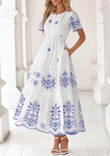 PRETTYGARDEN Boho Dresses for Women 2026 Summer Spring Casual Floral Short Sleeve V Neck Maxi Elastic Waist Dress Pockets