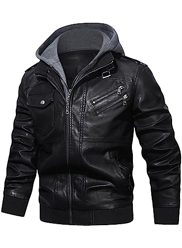 HOOD CREW Men’s Casual Stand Collar PU Faux Leather Zip-Up Motorcycle Bomber Jacket With a Removable Hood