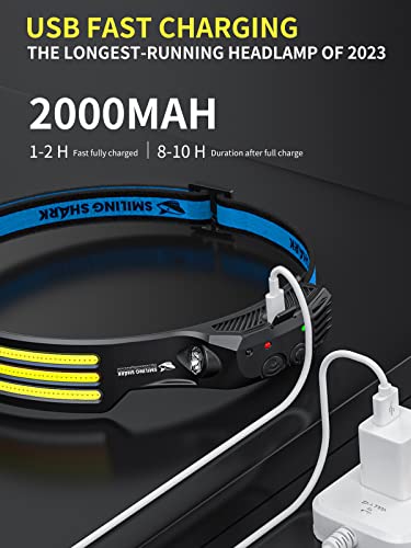 Smiling Shark LED Headlamp, 230°Wide Angle 3*White Light Strips The Brightest Head Lamp Rechargeable with Motion Sensor Wa...