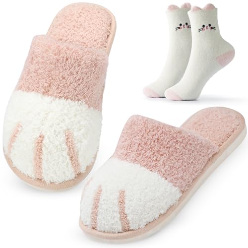 GOEWY 2 Pairs Cat Paw Slippers and Fuzzy Cute Socks Gift Set for Women House Slippers with Memory Foam Warm Cozy Socks