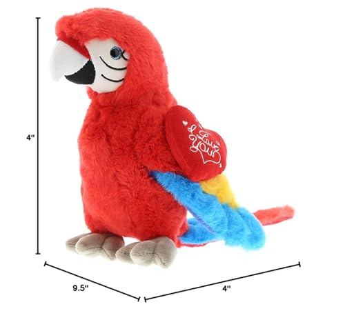 DolliBu I Love You Valentine Plush Tropical Red Parrot - Cute Stuffed Animal with Red Heart and Name Personalization Gift for Valentines Day, Birthday, Anniversary, Romantic Date - 9.5 Inches