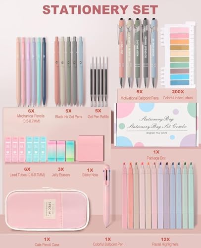 56 PCS Aesthetic School Supplies with Large Pencil Case, 5 Inspirational Ballpoint Pens, 12 Pastel Highlighters, 5 Black I...
