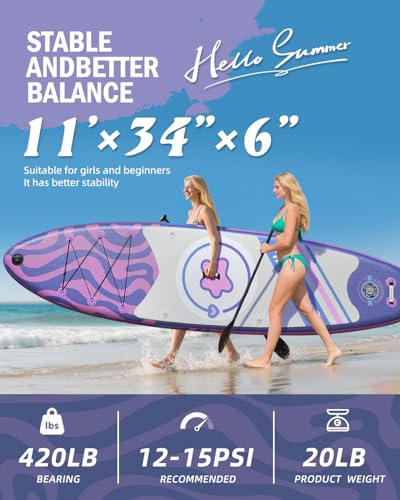 11'Stand Up Paddle Boards Surf Control with Premium SUP Board Accessories Backpack & Removable Fins, 34" Wide Inflatable P...