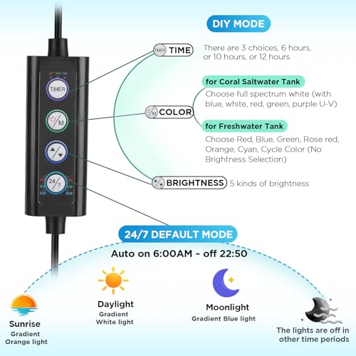 hygger Clip On 24/7 Saltwater Aquarium LED Light, 22W Sunrise-Daylight-Moonlight Mode and DIY Mode, Adjustable Timer Adjus...
