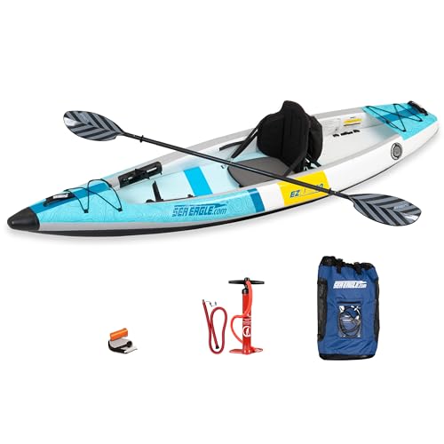 Sea Eagle EZLITE 10 Ultralight, All Woven, Drop Stitch, Rigid, High Performance, Easy Setup, 10' Solo Inflatable Kayak w/B...