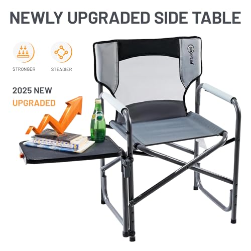 Portal Tablet Table Camping Directors Chair, Foldable Camp Chair with 2-Way Rotatable Side Table, Outdoor Folding Chairs f...