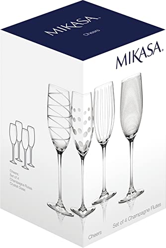 Mikasa Cheers Crystal Champagne Flutes Set, 4 Piece, Champagne Glasses with Quirky Designs, 250ml, White