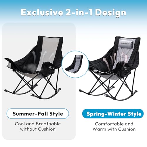 Swonder Oversized Rocking Camping Chair with Innovative 2-in-1 Removable Seat Cushion for All Seasons, Fully Padded Foldin...