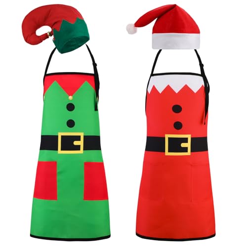 XLSXEXCL 2 Set Christmas Apron and Hat Set Elf Santa Claus Apron and Hat Funny Santa Claus Elf Cosplay Costume Kit for Xma...