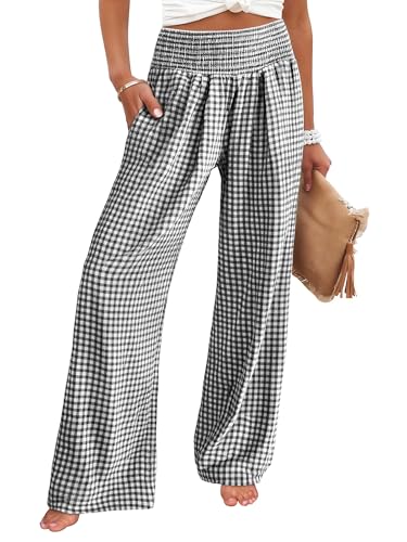 ANRABESS Womens Striped Gingham Palazzo Pants Wide Leg High Waisted Lounge Pajama Pants Cute Casual Trousers with Pockets