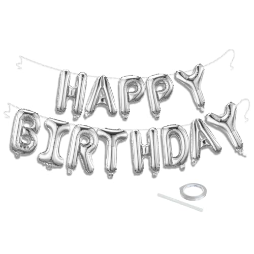 Silver Happy Birthday Balloon Banner Set -16 Inch Foil Letters Balloons, Reusable Birthday Decorations and Party Supplies,...