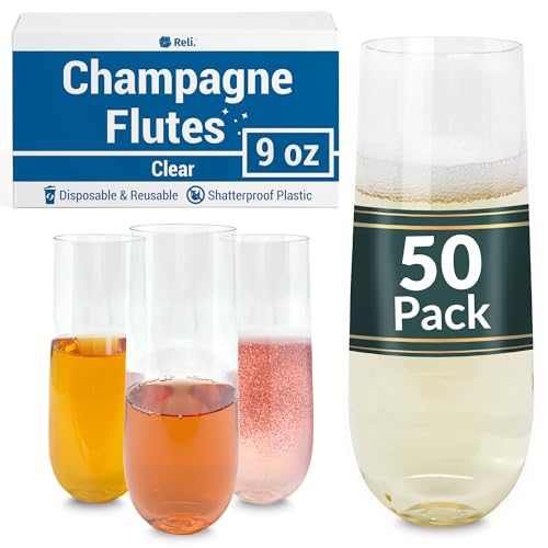 Reli. Champagne Flutes Plastic (50 Pack, 9oz) Clear, Stemless | Disposable Mimosa Glasses for Champagne, Mimosa, Cocktail,...