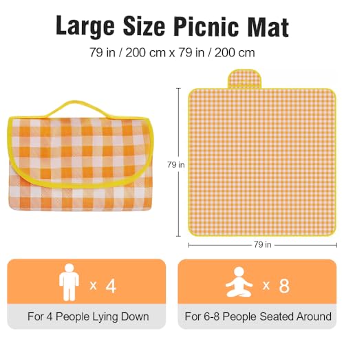 JEPELUS Outdoor Picnic Blanket Waterproof, 79 x 79 Inch Large Picnic Mat Oxford Fabric, Gingham Foldable Beach Blankets Ma...