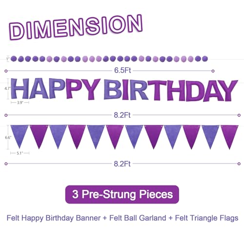 LITAUS Pre-Strung Happy Birthday Banner & Felt Garland Set - Ombre Purple Birthday Decorations for Women Men Boys Girls | ...