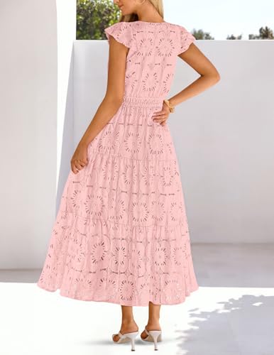 MEROKEETY Women's Summer Lace Eyelet Maxi Dress 2026 Spring Casual Boho Flutter Sleeve Tiered Flowy Beach Vacation Dresses