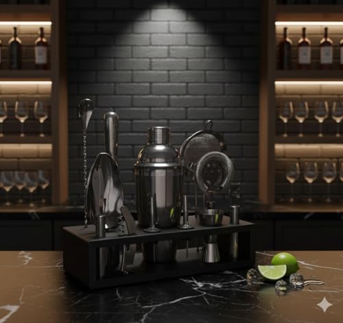Highball & Chaser 13-Piece Cobbler Cocktail Shaker Set: Black Polished Stainless Steel Bartender Kit for Home Bar Set | La...