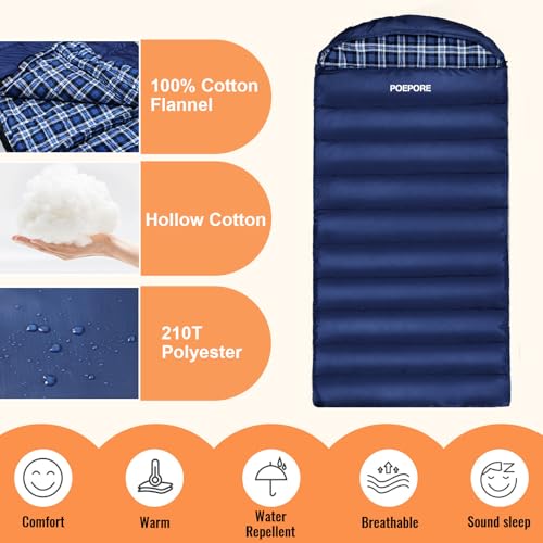 POEPORE 0 Degree Sleeping Bag 100% Cotton Flannel XXL Cold Weather Winter Oversized Sleeping Bag for Adults Camping Zero D...