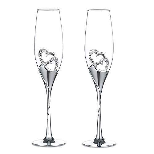 Sziqiqi Wedding Champagne Glass Set Silver Toasting Flute Glasses Pack of 2 with Rhinestone Rimmed Hearts Decoration for W...