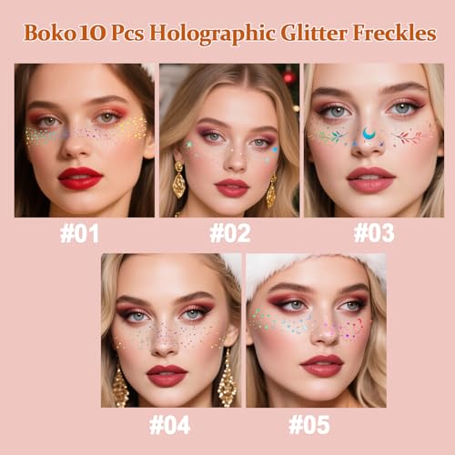 Boko 10Pcs Holographic Glitter Freckles Face Tattoo, Star Face Glitter Speckles Makeup Patches for Pride Accessories, Wate...
